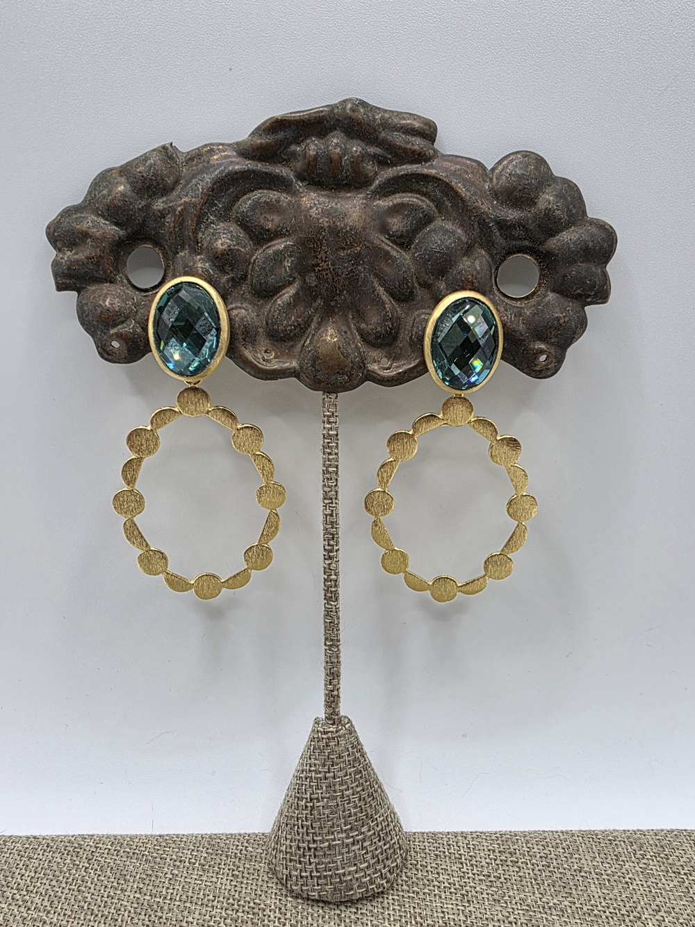 Gold Hoop Drop Earrings with Teal Crystal Studs